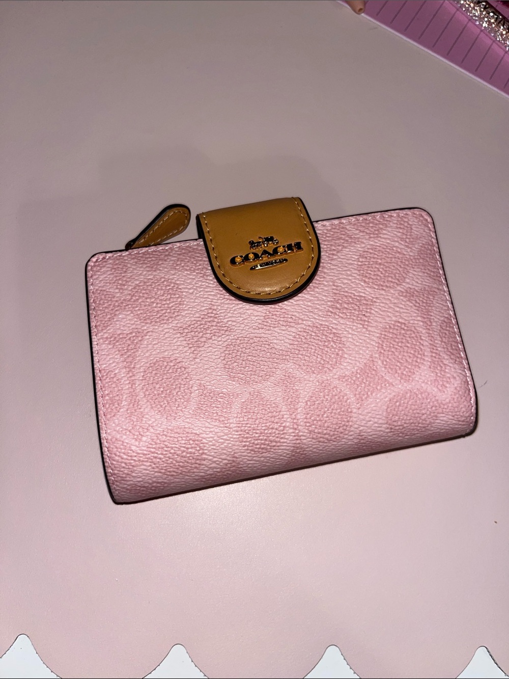 Coach Powder Pink Signature Corner Zip Wallet